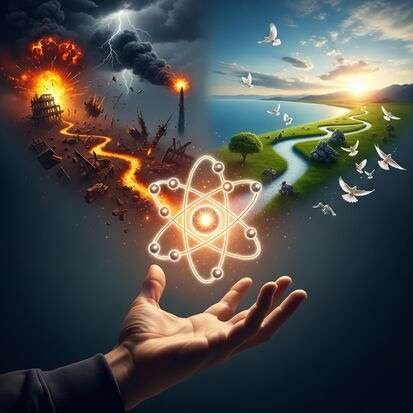 A conceptual image depicting nuclear catastrophe on one side and world peace with doves and renewable energy on the other is titled "War and Peace in the Atomic Age